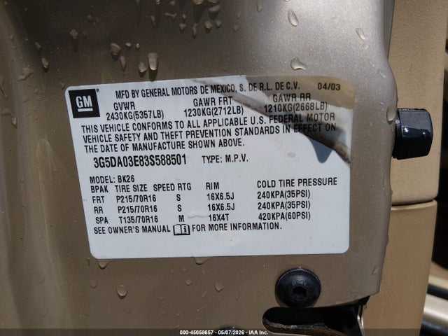 2003 Buick Rendezvous Cx მანქანა იყიდება აუქციონზე, vin: 3G5DA03E83S588501, აუქციონის ნომერი: 45058657