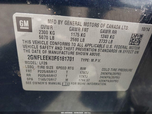 Aukcja sprzedaży 2015 Chevrolet Equinox Ls, vin: 2GNFLEEK0F6181701, numer aukcji: 45058666