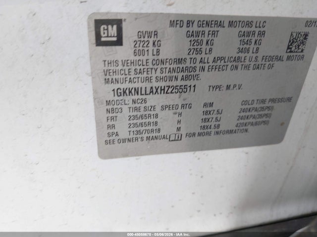 Продаж на аукціоні авто 2017 Gmc Acadia Sle-2, vin: 1GKKNLLAXHZ255511, номер лоту: 45058670