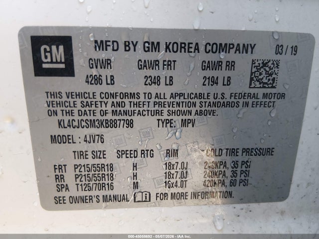 2019 Buick Encore Fwd Essence მანქანა იყიდება აუქციონზე, vin: KL4CJCSM3KB887798, აუქციონის ნომერი: 45058692