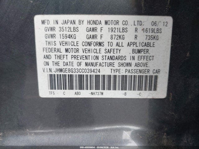 Aukcja sprzedaży 2012 Honda Fit, vin: JHMGE8G33CC039424, numer aukcji: 45058694