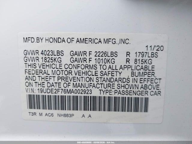 45058695 :رقم المزاد ، 19UDE2F76MA002923 vin ، 2021 Acura Ilx Premium Package/technology Package مزاد بيع