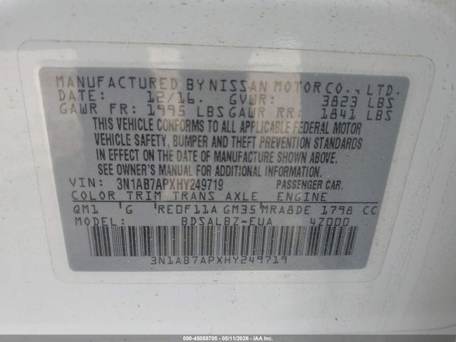 Продажа на аукционе авто 2017 Nissan Sentra S, vin: 3N1AB7APXHY249719, номер лота: 45058705