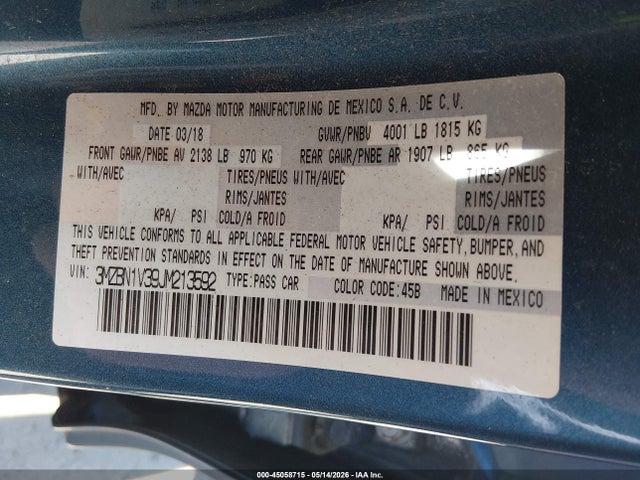 45058715 :رقم المزاد ، 3MZBN1V39JM213592 vin ، 2018 Mazda Mazda3 Touring مزاد بيع