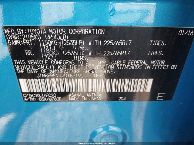45058719 :رقم المزاد ، JTMRFREV1GD185192 vin ، 2016 Toyota Rav4 Xle مزاد بيع