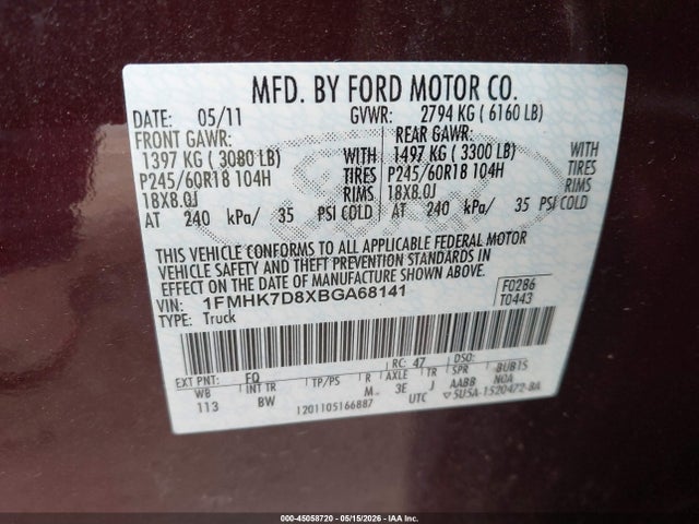 Продажа на аукционе авто 2011 Ford Explorer Xlt, vin: 1FMHK7D8XBGA68141, номер лота: 45058720