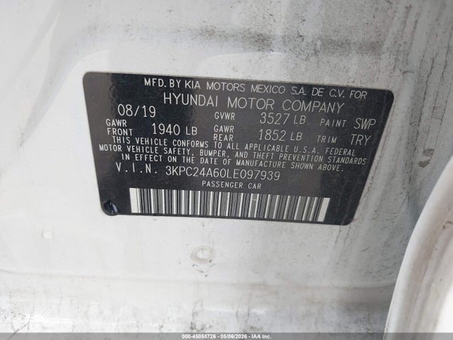 45058726 :رقم المزاد ، 3KPC24A60LE097939 vin ، 2020 Hyundai Accent Se مزاد بيع