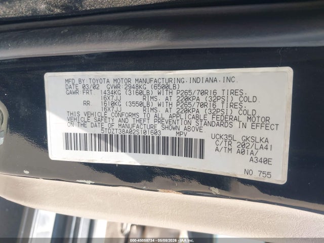 Aukcja sprzedaży 2002 Toyota Sequoia Limited V8, vin: 5TDZT38A02S101603, numer aukcji: 45058734