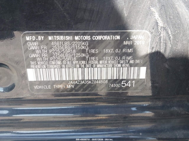 45058751 :رقم المزاد ، JA4AZ3A35KZ044508 vin ، 2019 Mitsubishi Outlander Se مزاد بيع