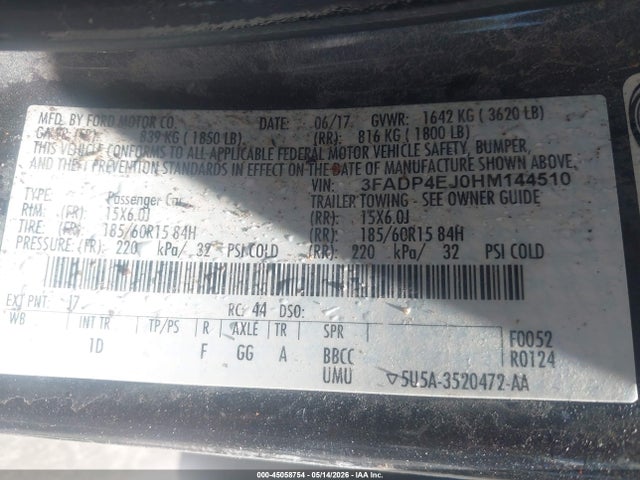 Продаж на аукціоні авто 2017 Ford Fiesta Se, vin: 3FADP4EJ0HM144510, номер лоту: 45058754