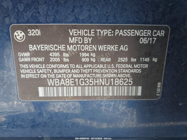Продаж на аукціоні авто 2017 Bmw 320i, vin: WBA8E1G35HNU18625, номер лоту: 45058762