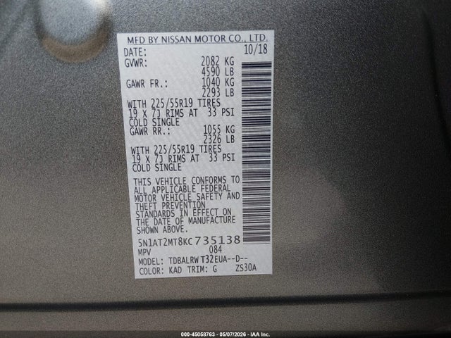 Продаж на аукціоні авто 2019 Nissan Rogue Sl, vin: 5N1AT2MT8KC735138, номер лоту: 45058763