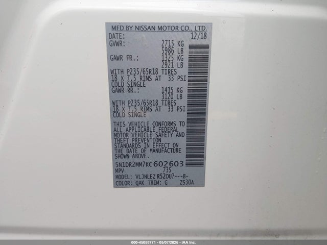 45058771 :رقم المزاد ، 5N1DR2MM7KC602603 vin ، 2019 Nissan Pathfinder Sv مزاد بيع