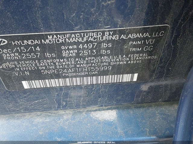 45058782 :رقم المزاد ، 5NPE24AF1FH155999 vin ، 2015 Hyundai Sonata Se مزاد بيع