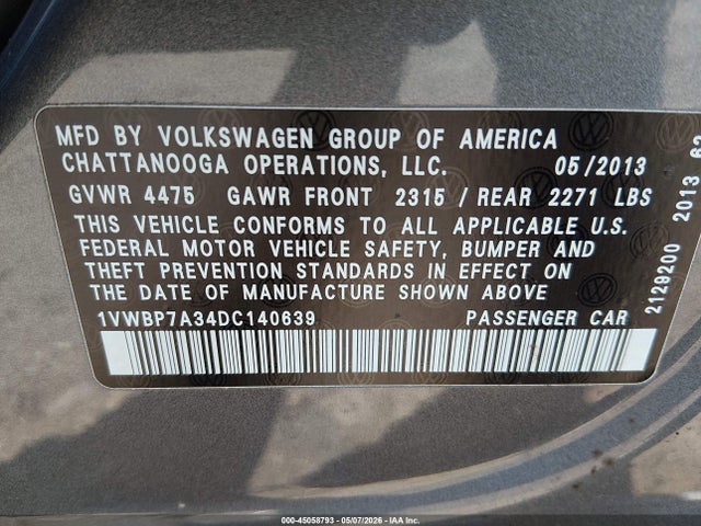 45058793 :رقم المزاد ، 1VWBP7A34DC140639 vin ، 2013 Volkswagen Passat 2.5l Se مزاد بيع