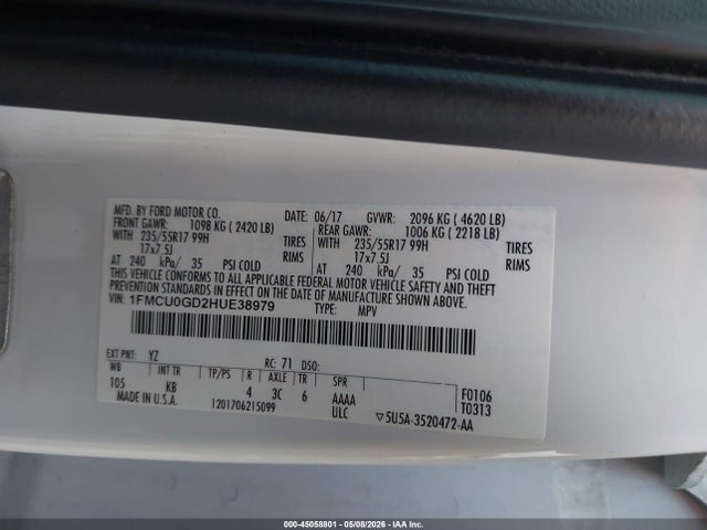 45058801 :رقم المزاد ، 1FMCU0GD2HUE38979 vin ، 2017 Ford Escape Se مزاد بيع