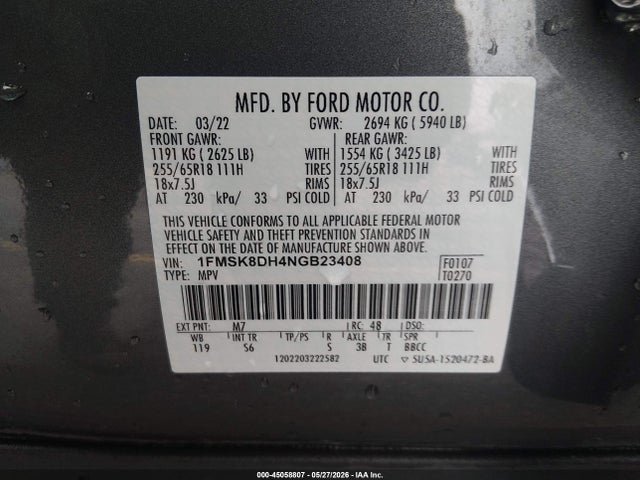 2022 Ford Explorer Xlt მანქანა იყიდება აუქციონზე, vin: 1FMSK8DH4NGB23408, აუქციონის ნომერი: 45058807