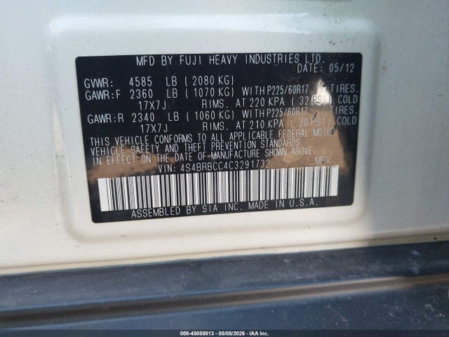 2012 Subaru Outback 2.5i Premium მანქანა იყიდება აუქციონზე, vin: 4S4BRBCC4C3291732, აუქციონის ნომერი: 45058813