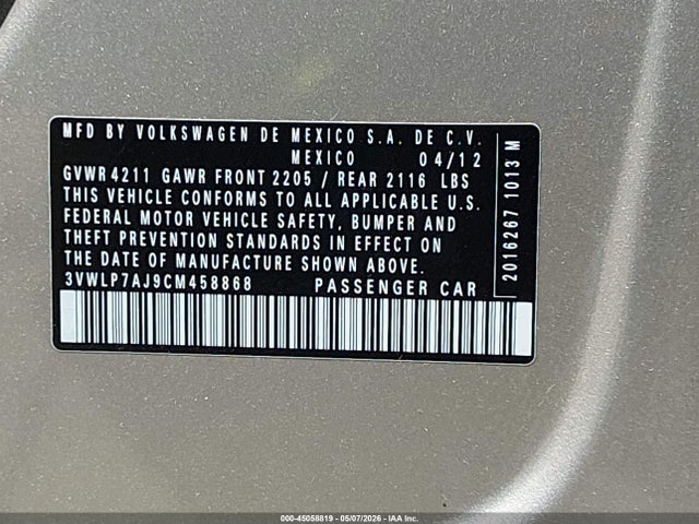2012 Volkswagen Jetta 2.5l Sel მანქანა იყიდება აუქციონზე, vin: 3VWLP7AJ9CM458868, აუქციონის ნომერი: 45058819