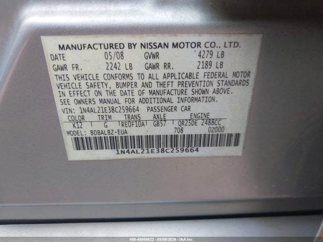 2008 Nissan Altima 2.5 S მანქანა იყიდება აუქციონზე, vin: 1N4AL21E38C259664, აუქციონის ნომერი: 45058822