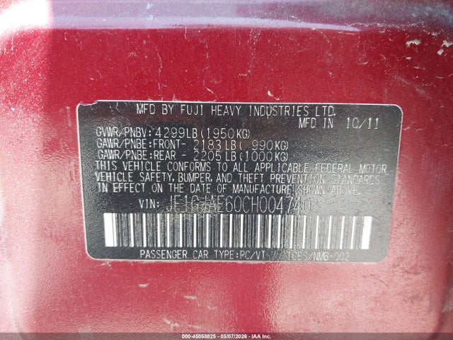 45058825 :رقم المزاد ، JF1GJAE60CH004740 vin ، 2012 Subaru Impreza 2.0i Premium مزاد بيع
