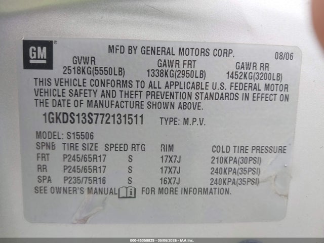 45058829 :رقم المزاد ، 1GKDS13S772131511 vin ، 2007 Gmc Envoy Sle مزاد بيع