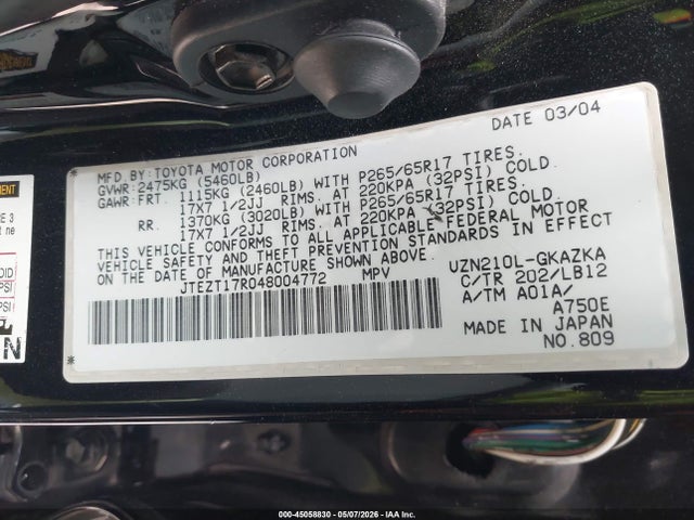 45058830 :رقم المزاد ، JTEZT17R048004772 vin ، 2004 Toyota 4runner Limited V8 مزاد بيع