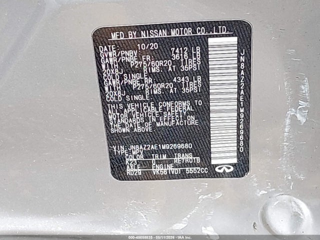 Aukcja sprzedaży 2021 Infiniti Qx80 Luxe Awd, vin: JN8AZ2AE1M9269680, numer aukcji: 45058835