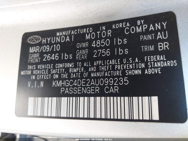 45058850 :رقم المزاد ، KMHGC4DE2AU099235 vin ، 2010 Hyundai Genesis 3.8 مزاد بيع