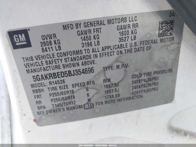 Продаж на аукціоні авто 2011 Buick Enclave 1xl, vin: 5GAKRBED5BJ354696, номер лоту: 45058867