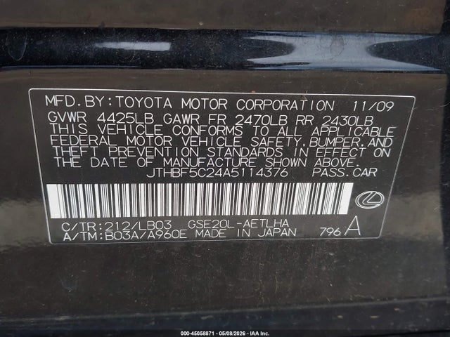 Aukcja sprzedaży 2010 Lexus Is 250, vin: JTHBF5C24A5114376, numer aukcji: 45058871