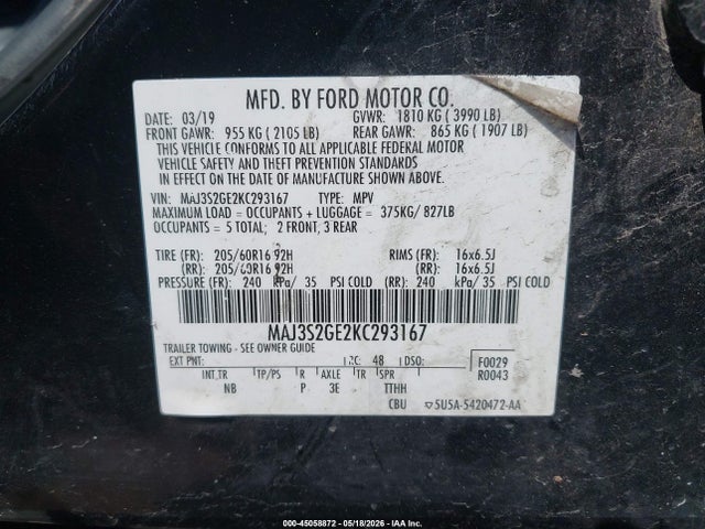 Aukcja sprzedaży 2019 Ford Ecosport Se, vin: MAJ3S2GE2KC293167, numer aukcji: 45058872