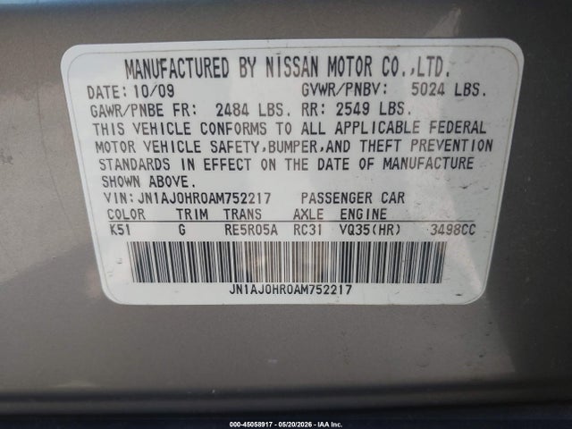 45058917 :رقم المزاد ، JN1AJ0HR0AM752217 vin ، 2010 Infiniti Ex35 Journey مزاد بيع