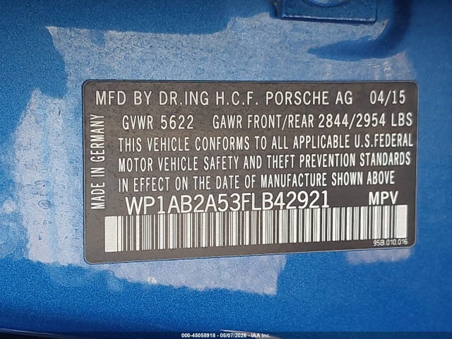 2015 Porsche Macan S მანქანა იყიდება აუქციონზე, vin: WP1AB2A53FLB42921, აუქციონის ნომერი: 45058918