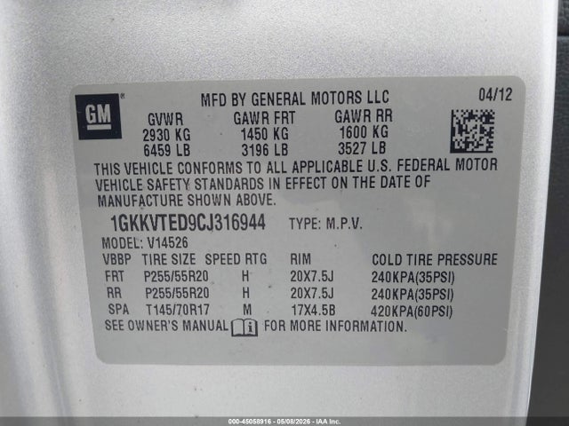 45058916 :رقم المزاد ، 1GKKVTED9CJ316944 vin ، 2012 Gmc Acadia Denali مزاد بيع