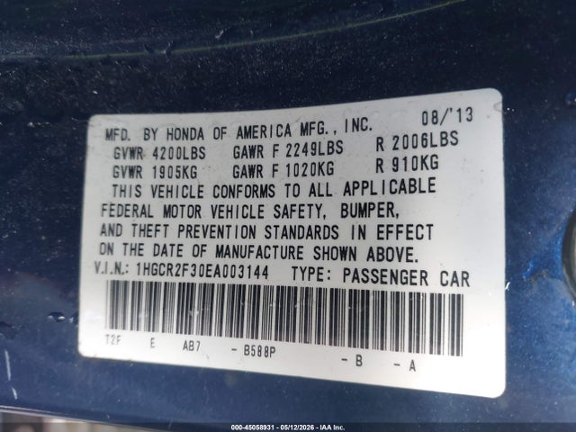 45058931 :رقم المزاد ، 1HGCR2F30EA003144 vin ، 2014 Honda Accord Lx مزاد بيع