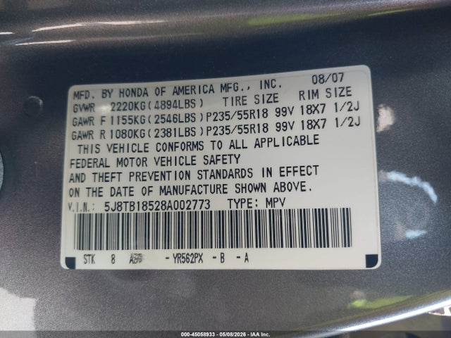 Aukcja sprzedaży 2008 Acura Rdx, vin: 5J8TB18528A002773, numer aukcji: 45058933