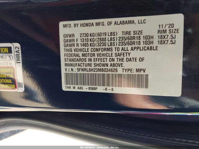 Продажа на аукционе авто 2021 Honda Odyssey Lx, vin: 5FNRL6H23MB034626, номер лота: 45058935