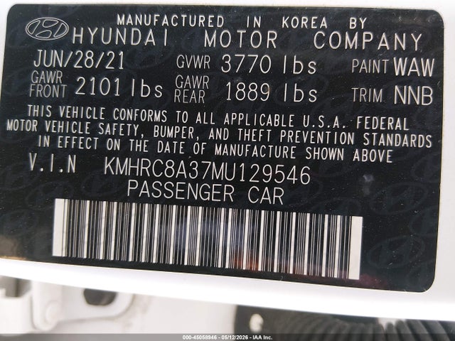 Aukcja sprzedaży 2021 Hyundai Venue Sel, vin: KMHRC8A37MU129546, numer aukcji: 45058946