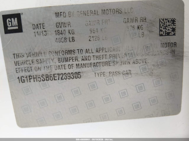 45058951 :رقم المزاد ، 1G1PH5SB6E7239305 vin ، 2014 Chevrolet Cruze Eco Auto مزاد بيع