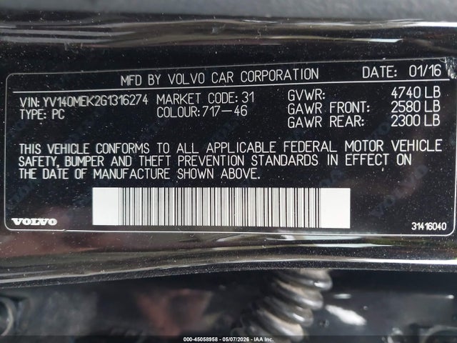 2016 Volvo V60 T5 Drive-e Premier მანქანა იყიდება აუქციონზე, vin: YV140MEK2G1316274, აუქციონის ნომერი: 45058958