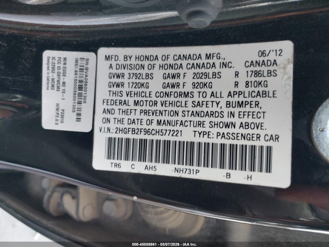 45058961 :رقم المزاد ، 2HGFB2F96CH577221 vin ، 2012 Honda Civic Ex-l مزاد بيع