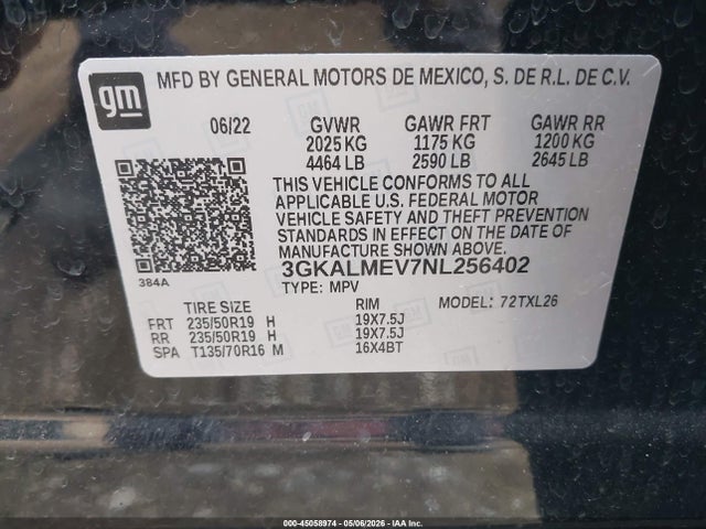 Aukcja sprzedaży 2022 Gmc Terrain Fwd Sle, vin: 3GKALMEV7NL256402, numer aukcji: 45058974