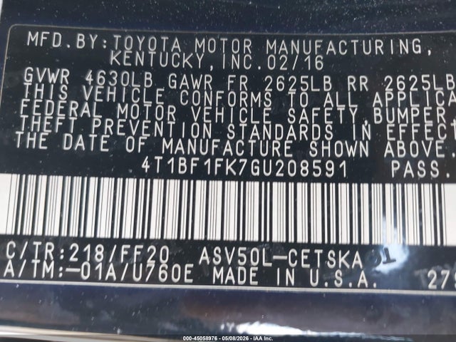 Auction sale of the 2016 Toyota Camry Se, vin: 4T1BF1FK7GU208591, lot number: 45058976