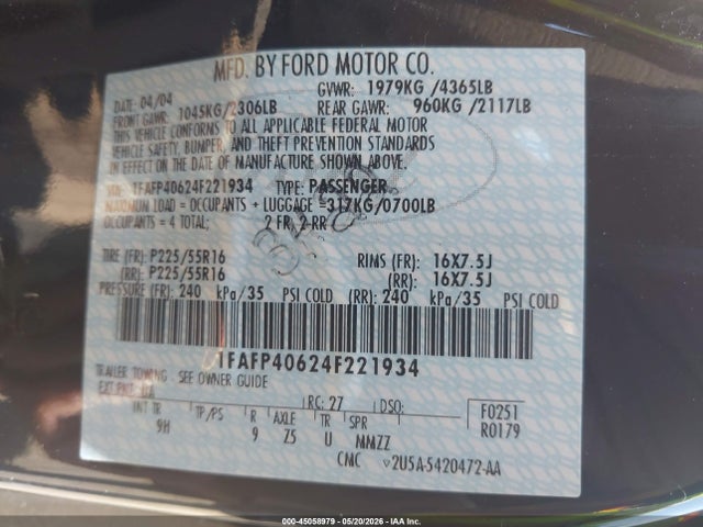 45058979 :رقم المزاد ، 1FAFP40624F221934 vin ، 2004 Ford Mustang مزاد بيع