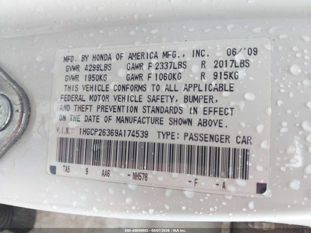 2009 Honda Accord 2.4 Lx მანქანა იყიდება აუქციონზე, vin: 1HGCP26369A174539, აუქციონის ნომერი: 45058983