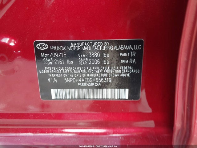 Aukcja sprzedaży 2016 Hyundai Elantra Se, vin: 5NPDH4AE0GH656319, numer aukcji: 45058986