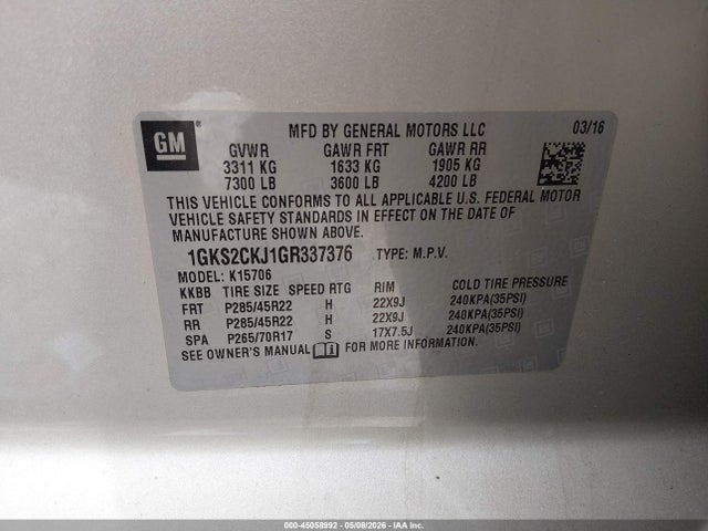Aukcja sprzedaży 2016 Gmc Yukon Denali, vin: 1GKS2CKJ1GR337376, numer aukcji: 45058992