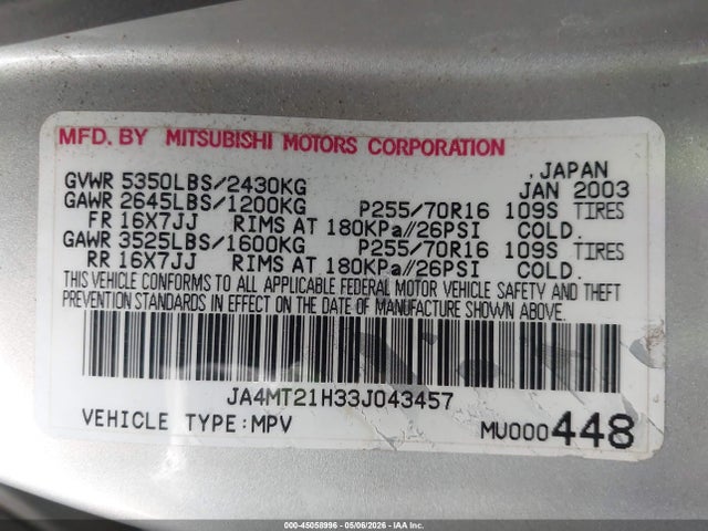 Aukcja sprzedaży 2003 Mitsubishi Montero Sport Es/ls, vin: JA4MT21H33J043457, numer aukcji: 45058996