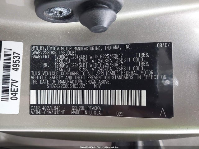 Продажа на аукционе авто 2008 Toyota Sienna Limited, vin: 5TDZK22C68S103002, номер лота: 45059002
